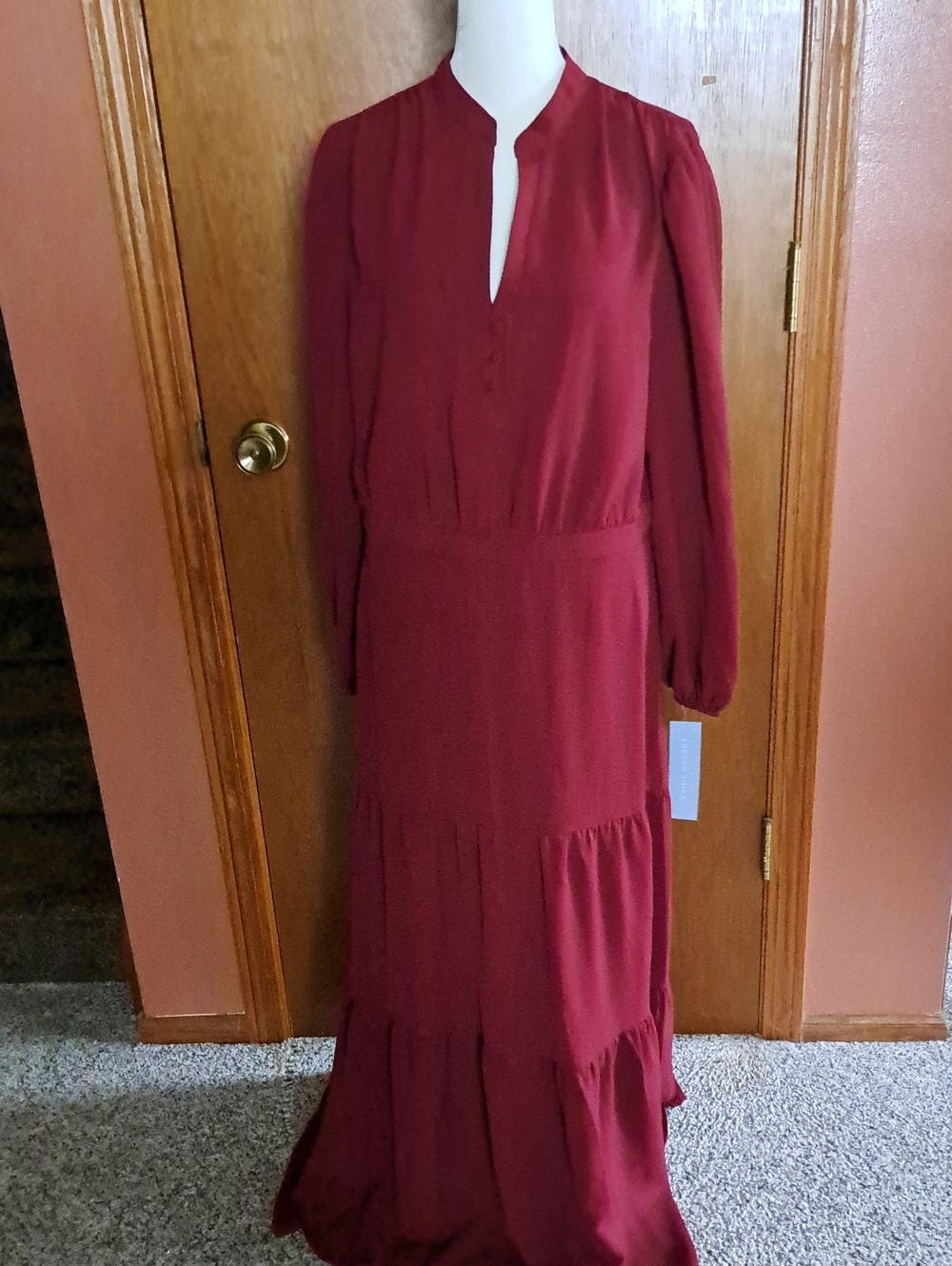 London Times Burgundy Maxi Dress with Long Sleeves